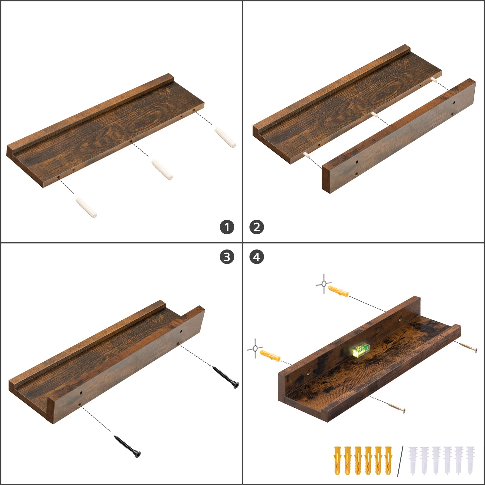 Step-by-step assembly of a wooden shelf with hardware components.