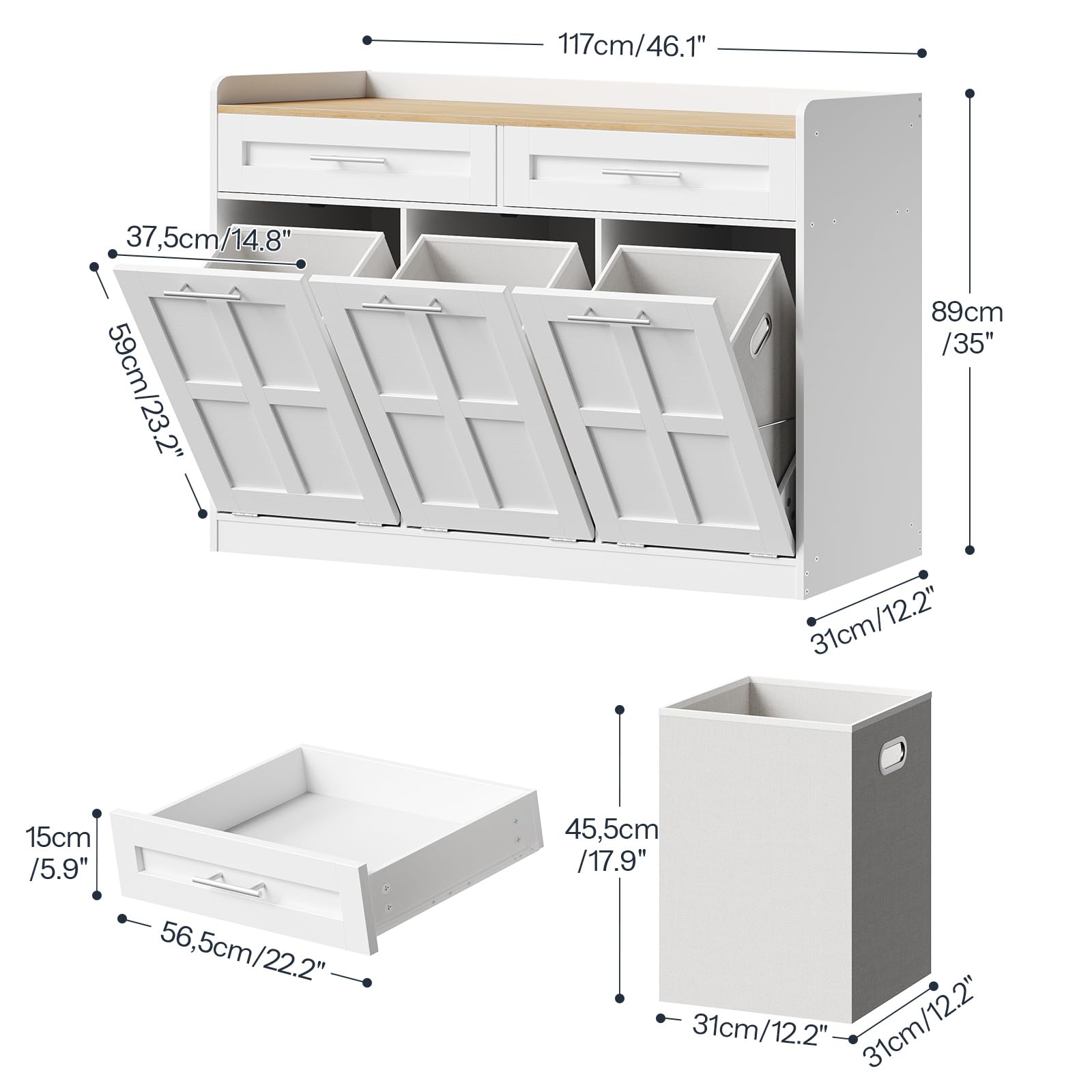 White storage bench with dimensions labeled on a white background