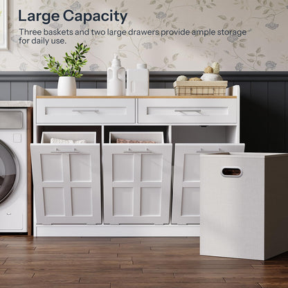 White storage unit with baskets and drawers in a laundry room setting.