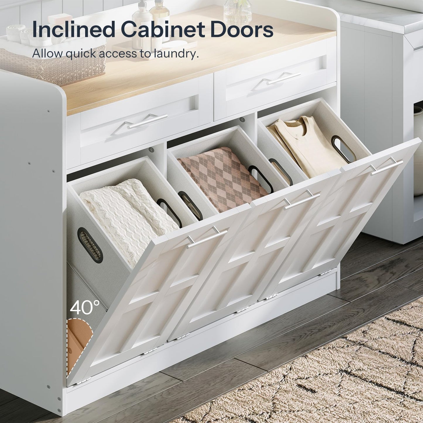 White laundry cabinet with inclined doors open, showing folded clothes inside.