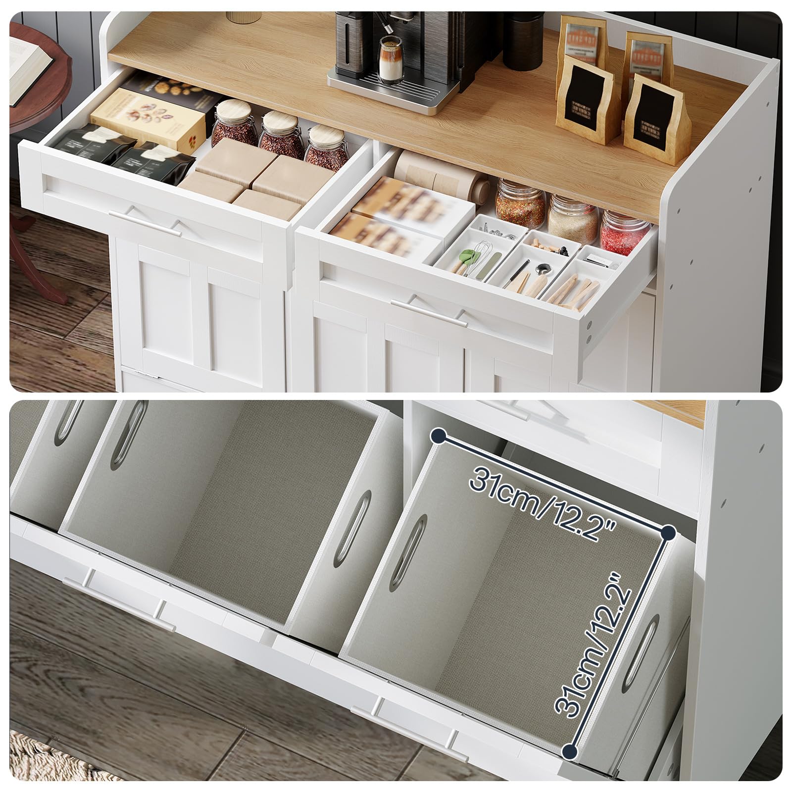 Kitchen storage cabinet with open drawers containing tea bags and a close-up of the interior compartments.
