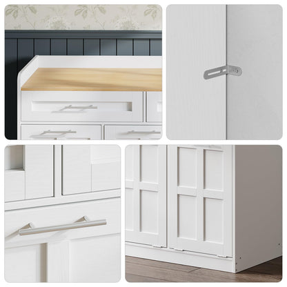 Collage of a white cabinet with wooden top and various angles showing doors and drawers.