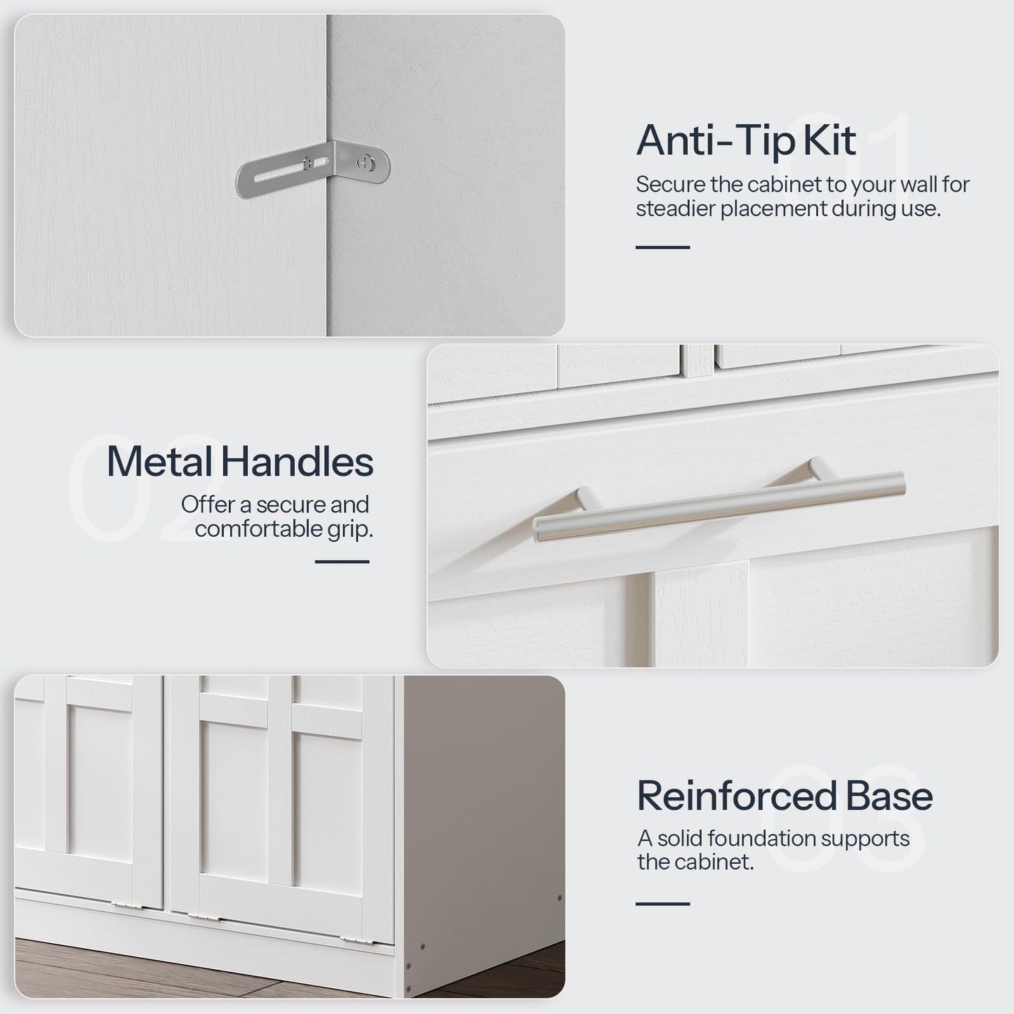 White cabinet with metal handles and anti-tip kit on a white background