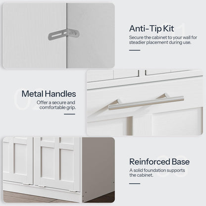 White cabinet with metal handles and anti-tip kit on a white background