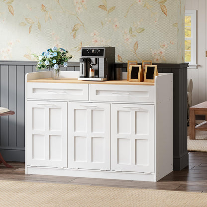 White kitchen island with wooden countertop, coffee machine, and decorative items against a floral wallpapered wall.