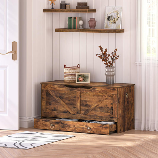 Wooden storage bench with open drawer in a room with shelves and decor.