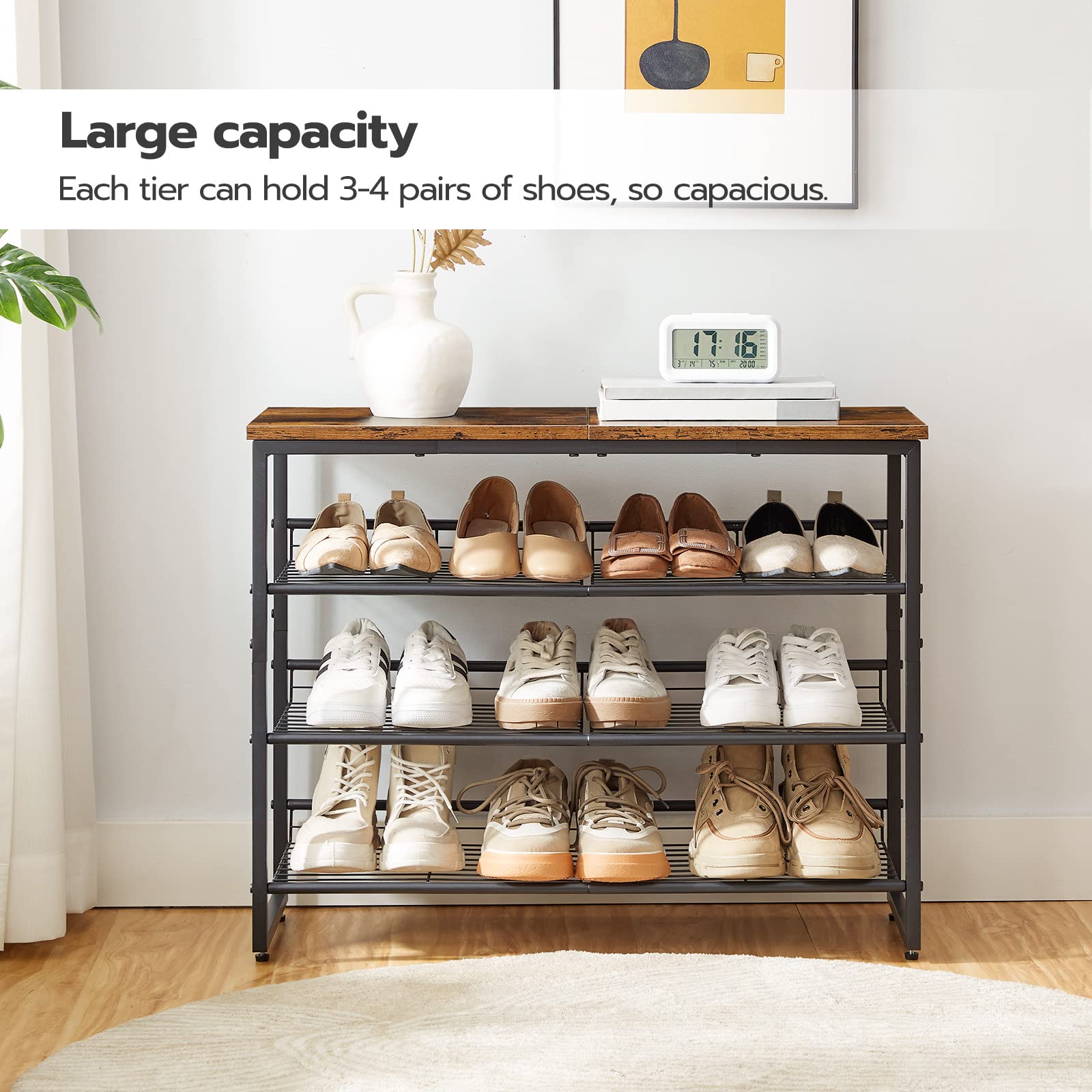 Shoe rack with multiple pairs of shoes on a wooden floor, with text indicating large capacity.