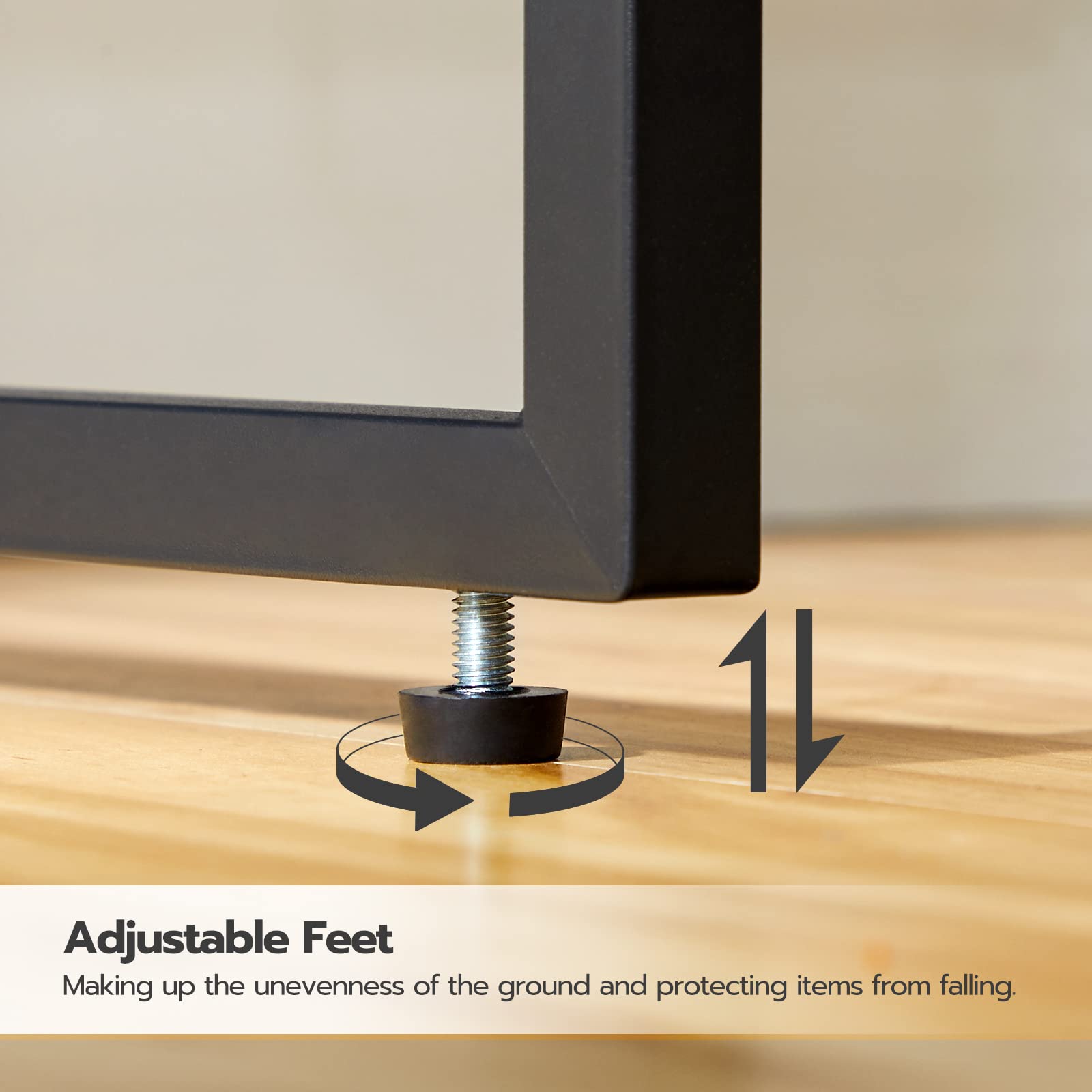 Adjustable feet of a piece of furniture on a wooden floor with text explaining their function.