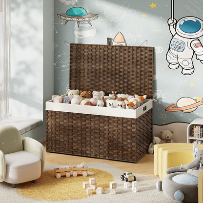 Toy storage bin filled with stuffed animals in a child's room with space-themed wall decor.