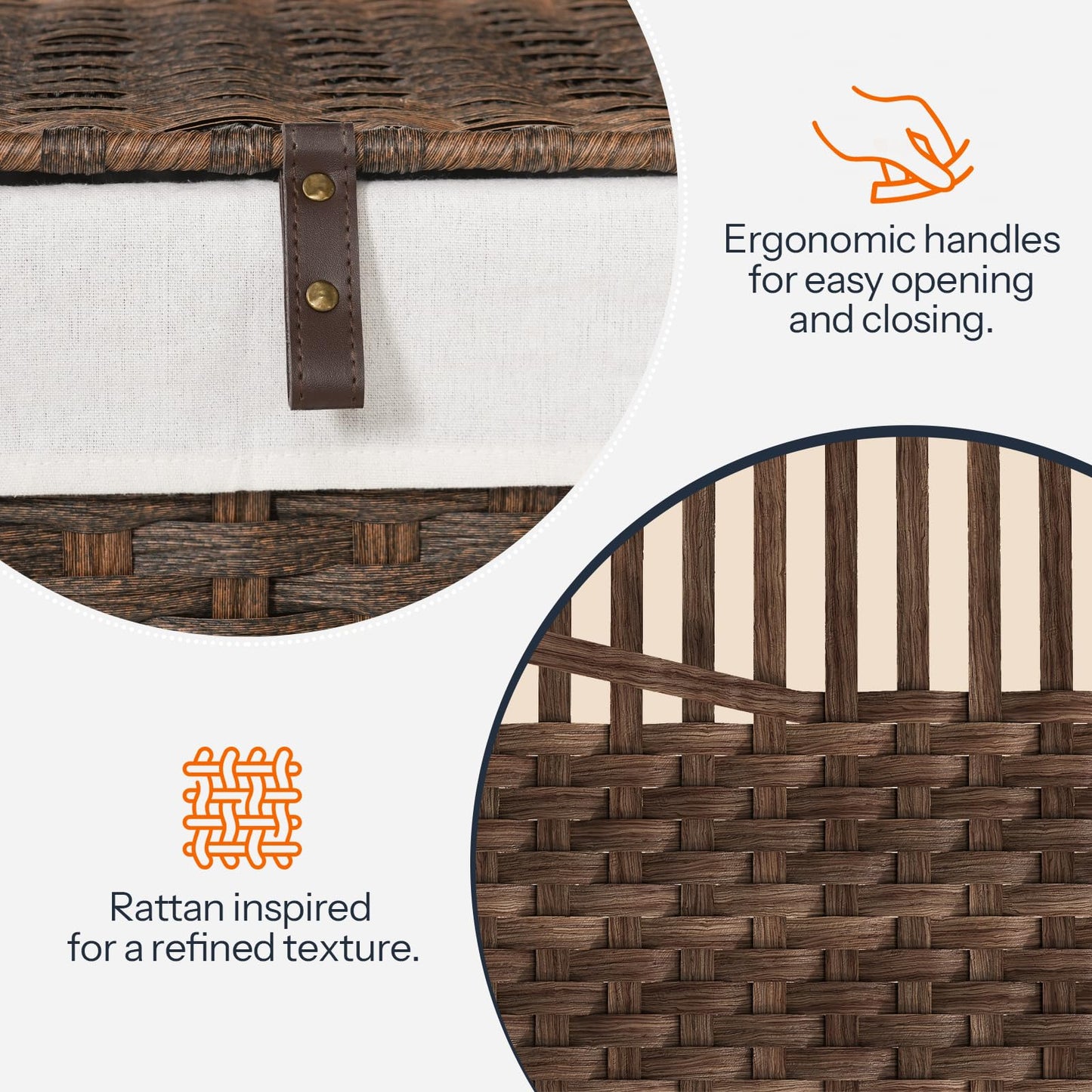 Basket with rattan handle and textured surface, highlighting ergonomic handles and rattan design.