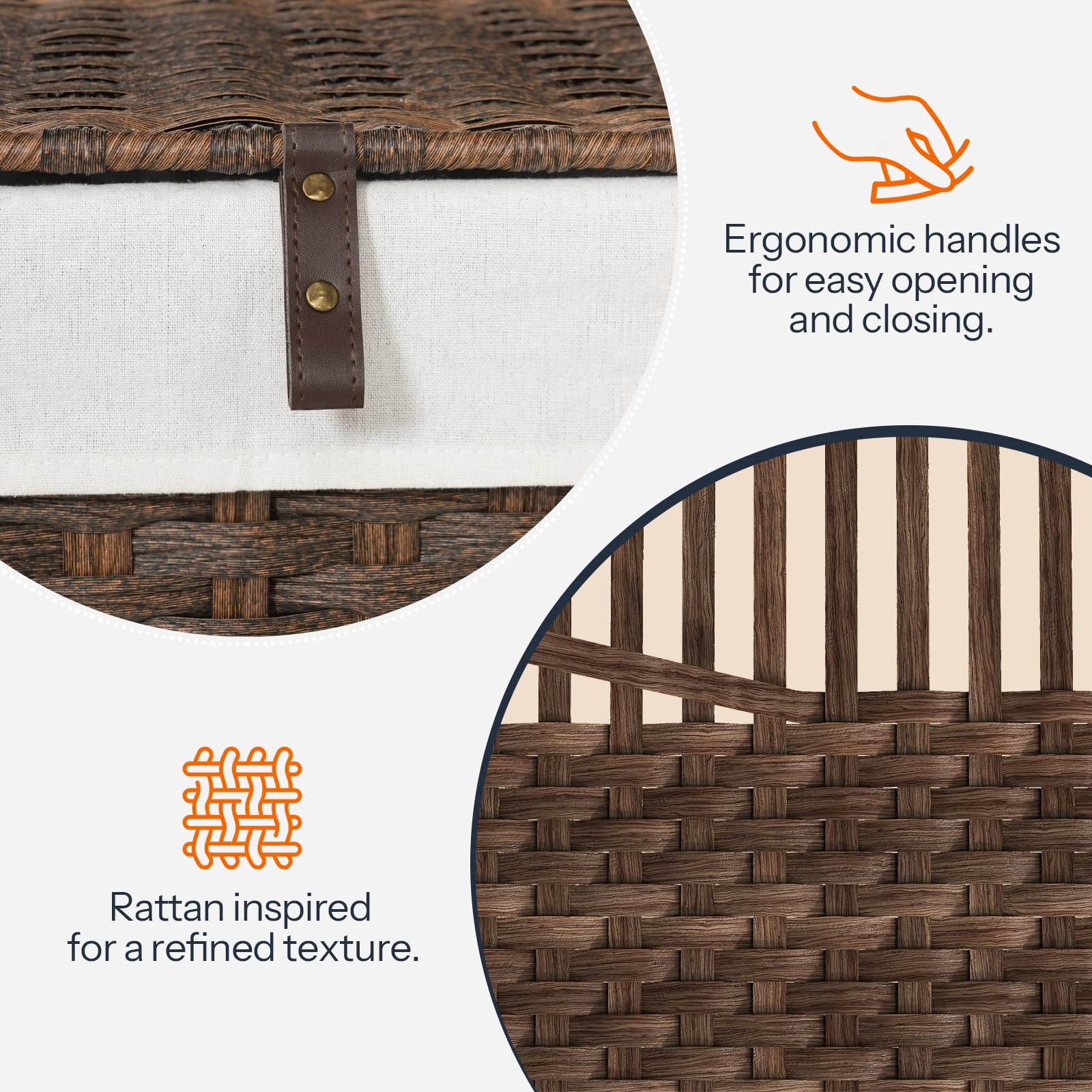 Basket with rattan handle and textured surface, highlighting ergonomic handles and rattan design.