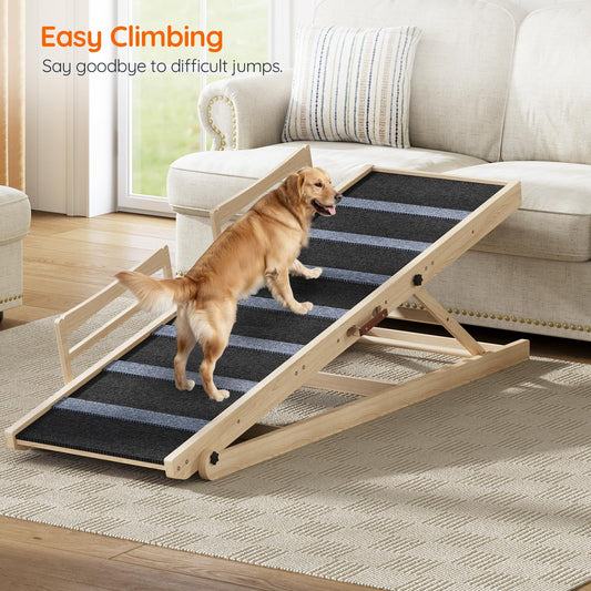 Dog using a wooden ramp in a living room setting
