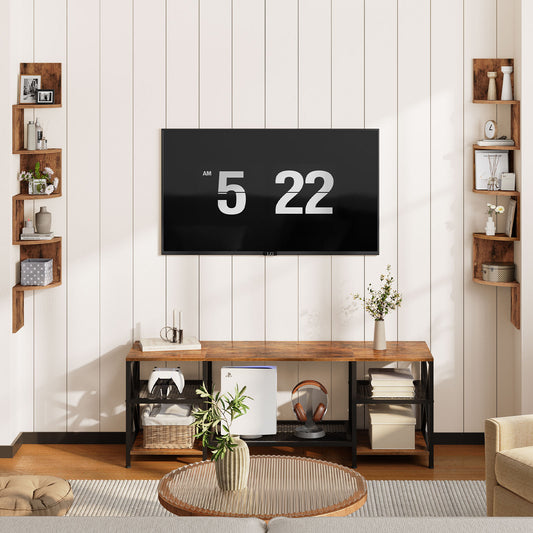 Modern living room with a television displaying numbers, wooden shelves, and a coffee table.