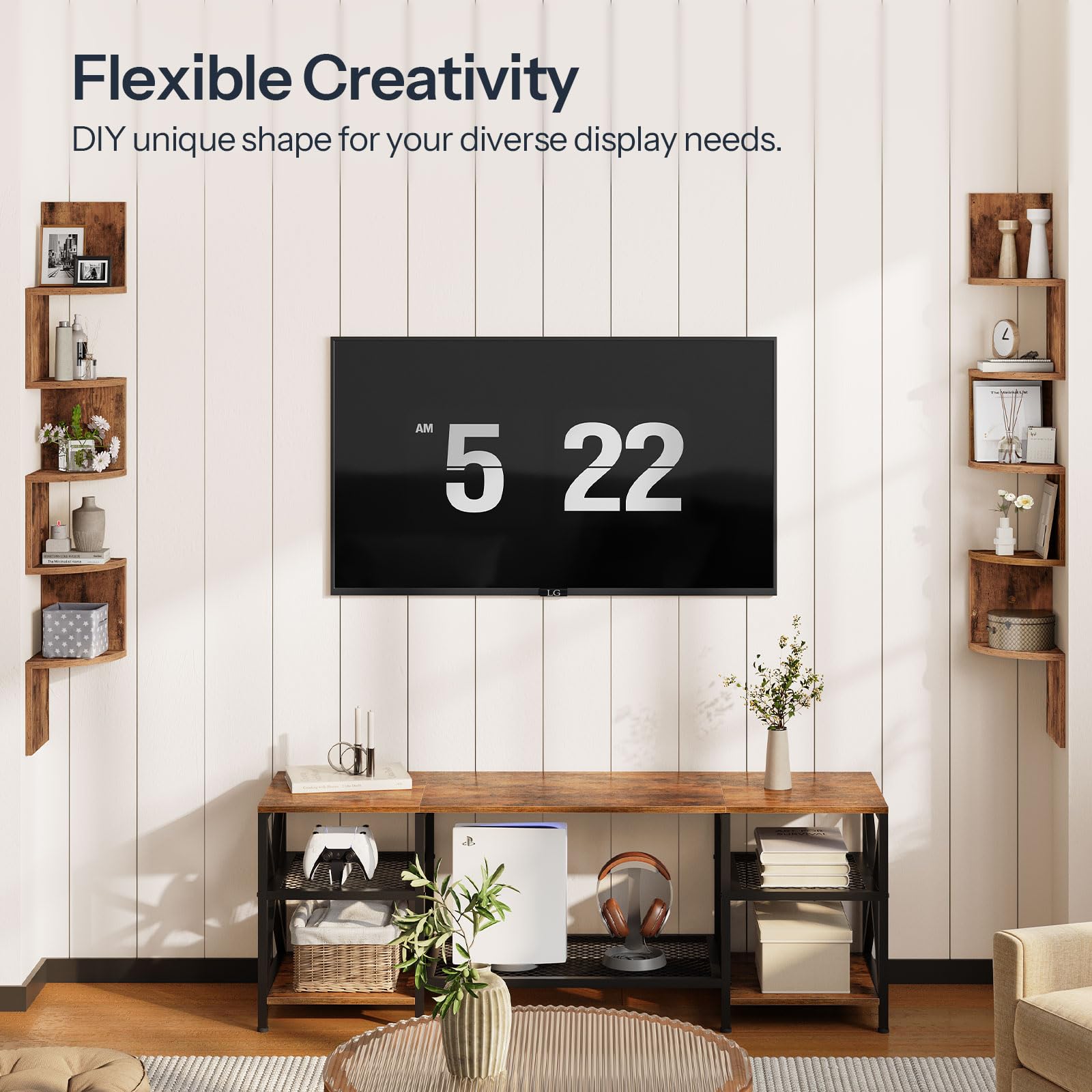 Living room setup with a TV displaying numbers, wooden shelves, and decor items.