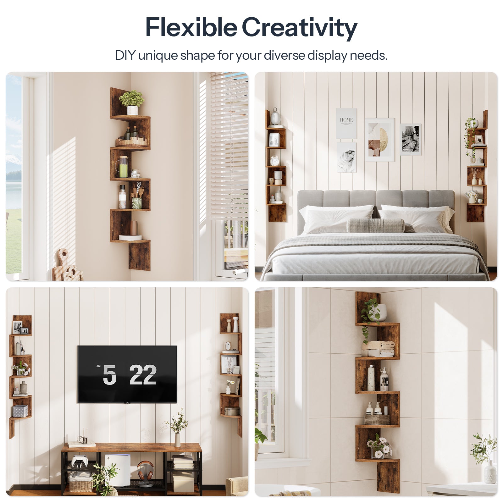 Wooden shelves in various configurations in a bedroom setting with text 'Flexible Creativity'.