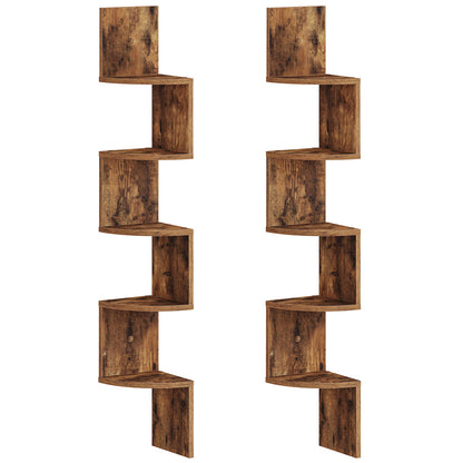 Two wooden zigzag corner shelves on a white background