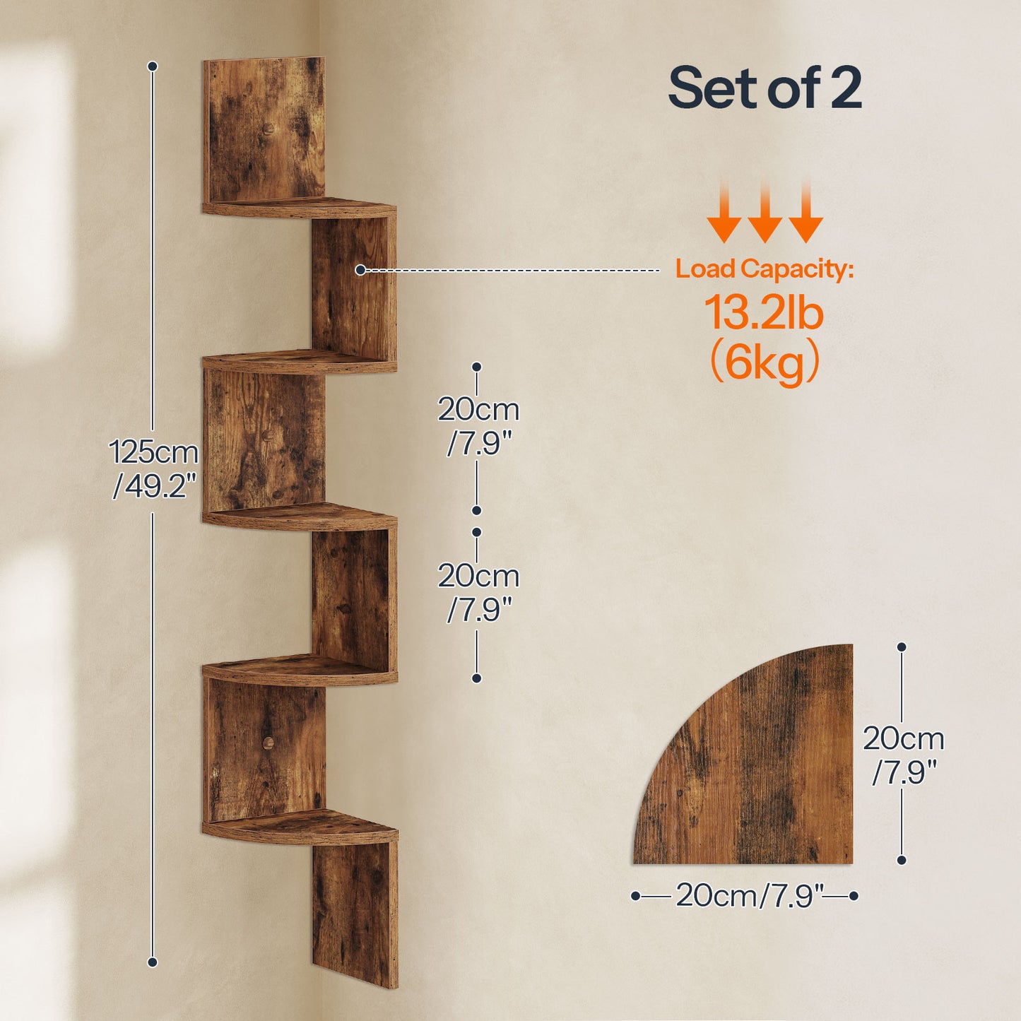 Wooden wall shelf set with measurements and load capacity on a neutral background