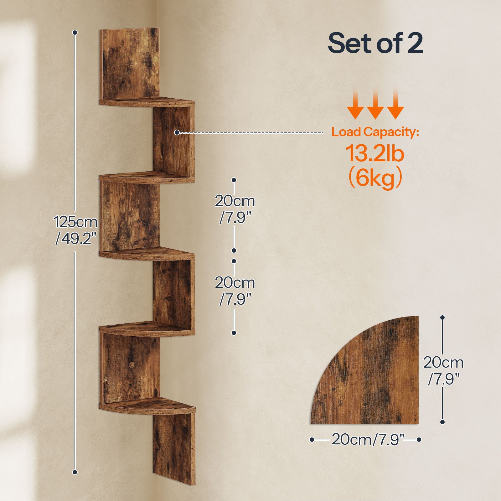 Wooden wall shelf set with measurements and load capacity on a neutral background