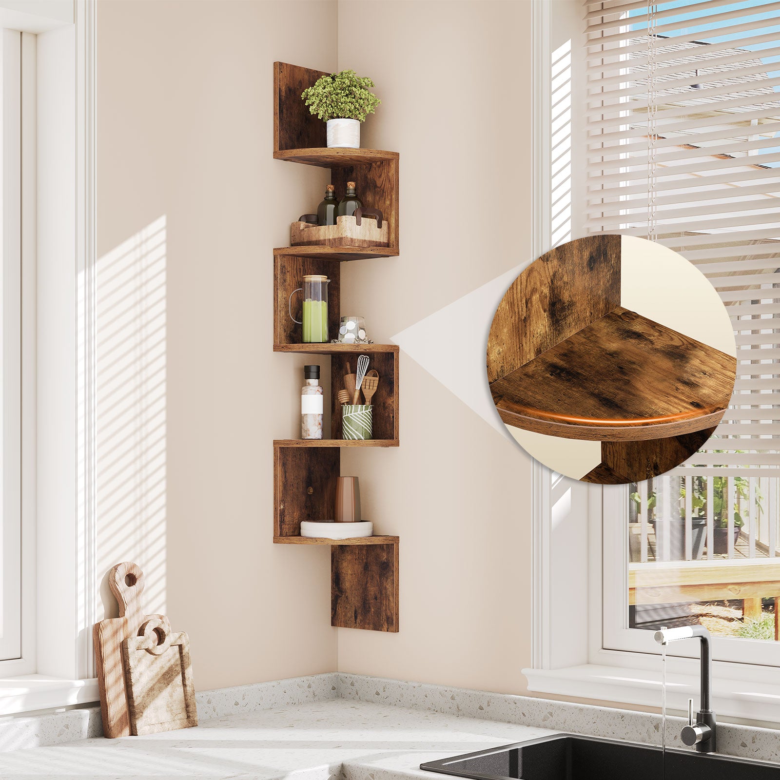 Wooden corner shelves in a kitchen with a mirror reflection.