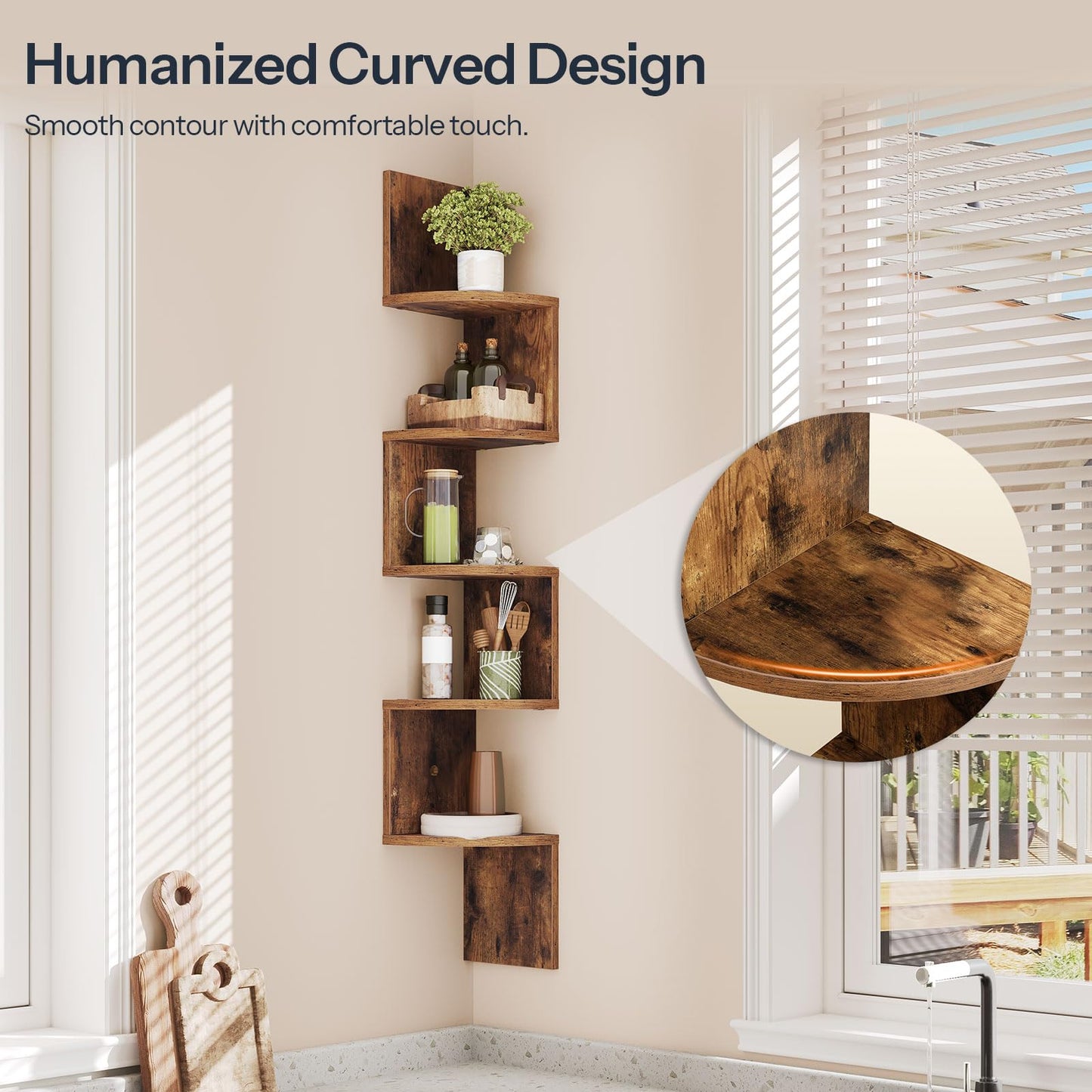 Wooden wall shelf with curved design in a room setting