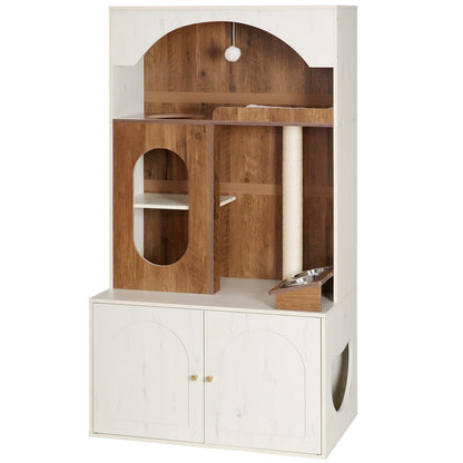 Wooden and white pet playhouse with shelves and a door.