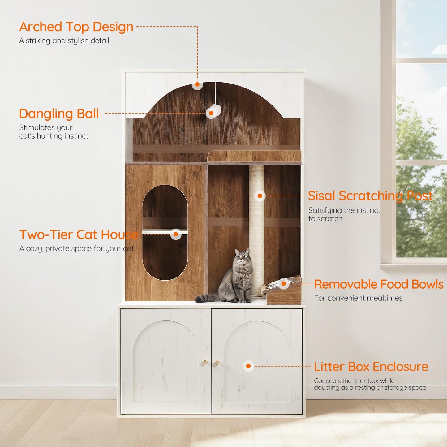 Two-tier cat house with various features highlighted, including an arched top design and dangling ball.