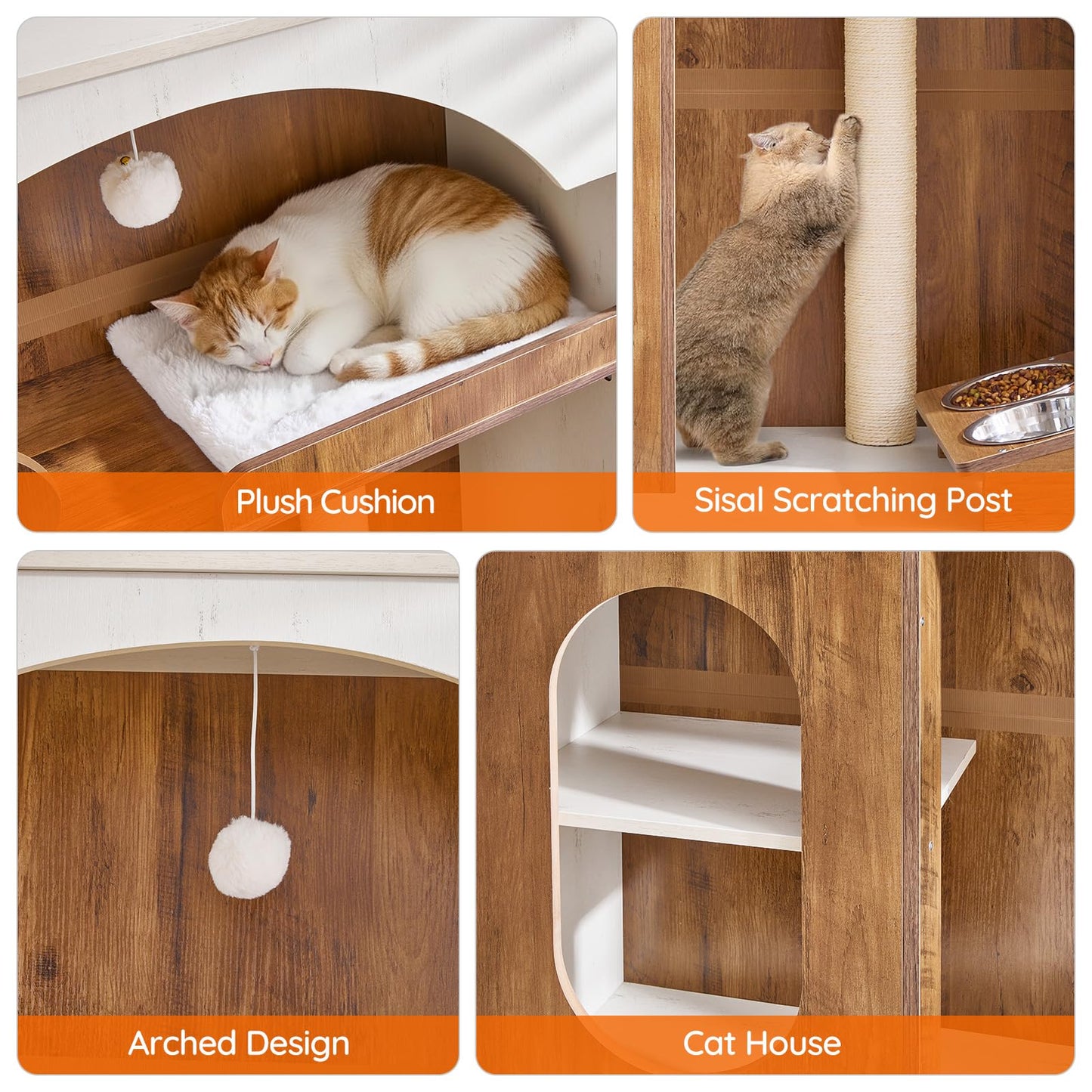Collage of a cat using a wooden cat tree with features labeled.