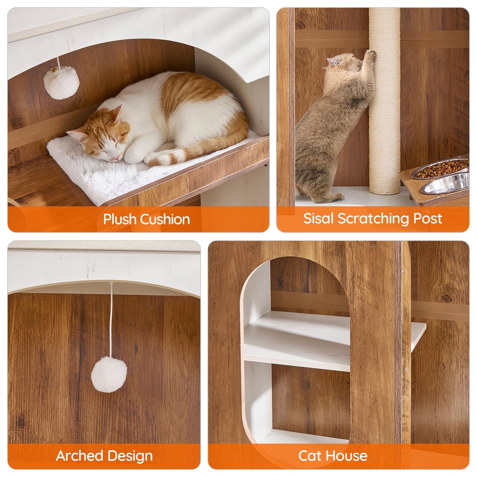 Collage of a cat using a wooden cat tree with features labeled.