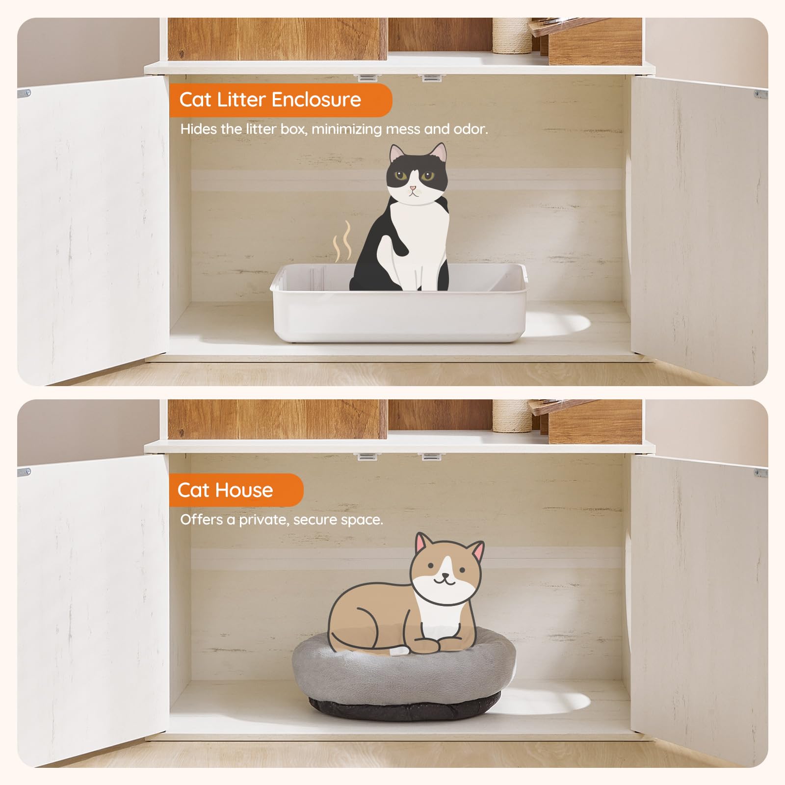 Cat litter enclosure with a cat inside and a cat house with a cat on a cushion, both labeled.