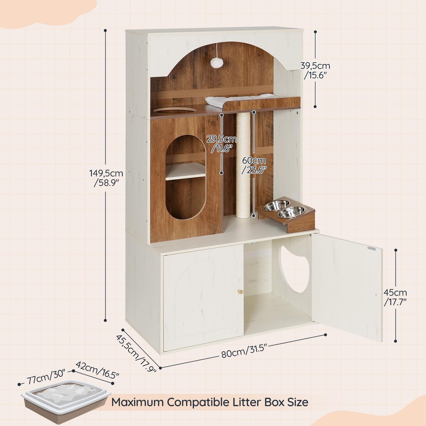 Dimensions of a wooden pet playhouse with measurements labeled on a light pink background