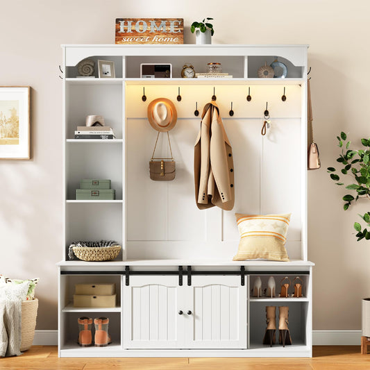 White storage cabinet with shelves and hooks