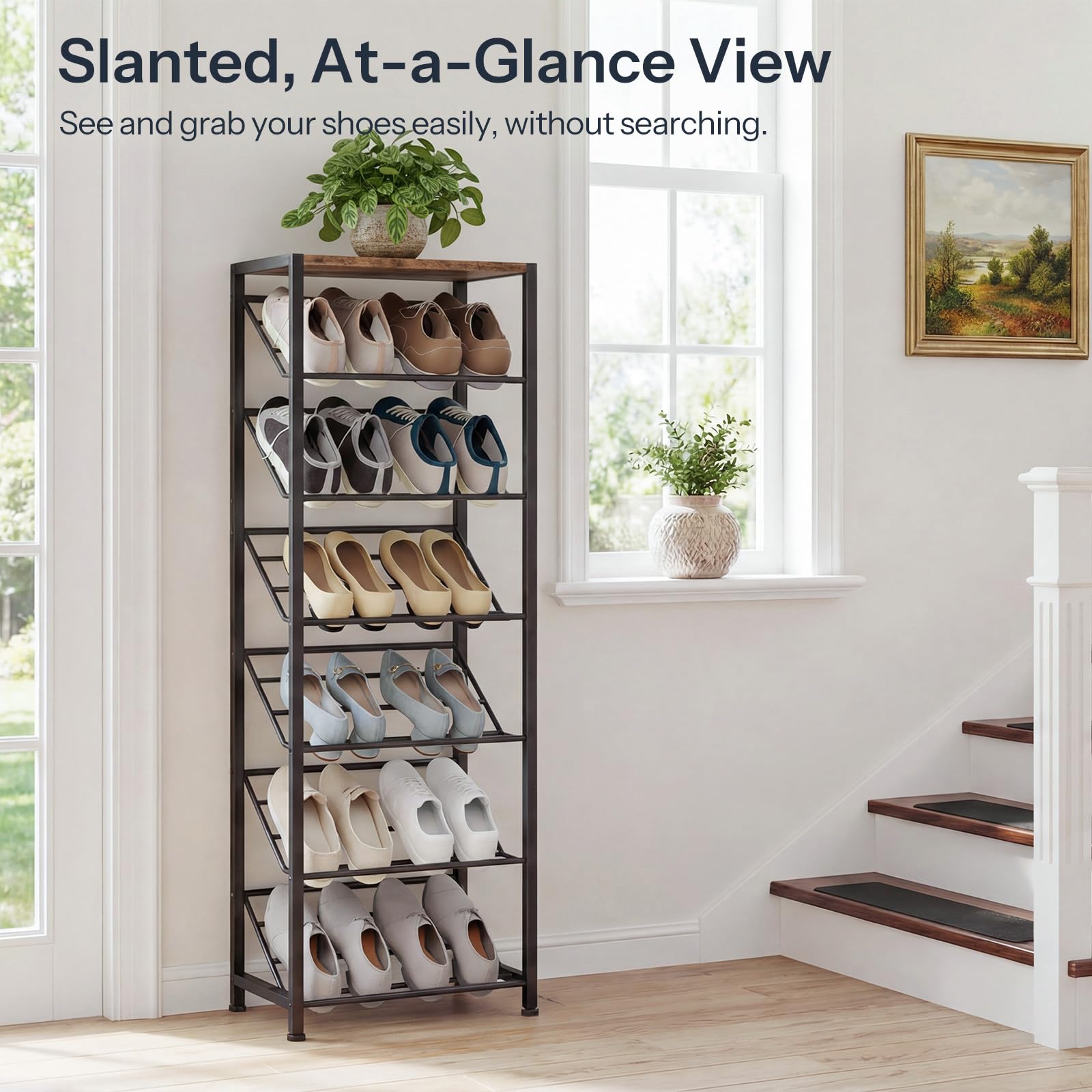 Shoe rack with various shoes on a wooden floor next to a staircase, with text indicating a slanted, at-a-glance view.