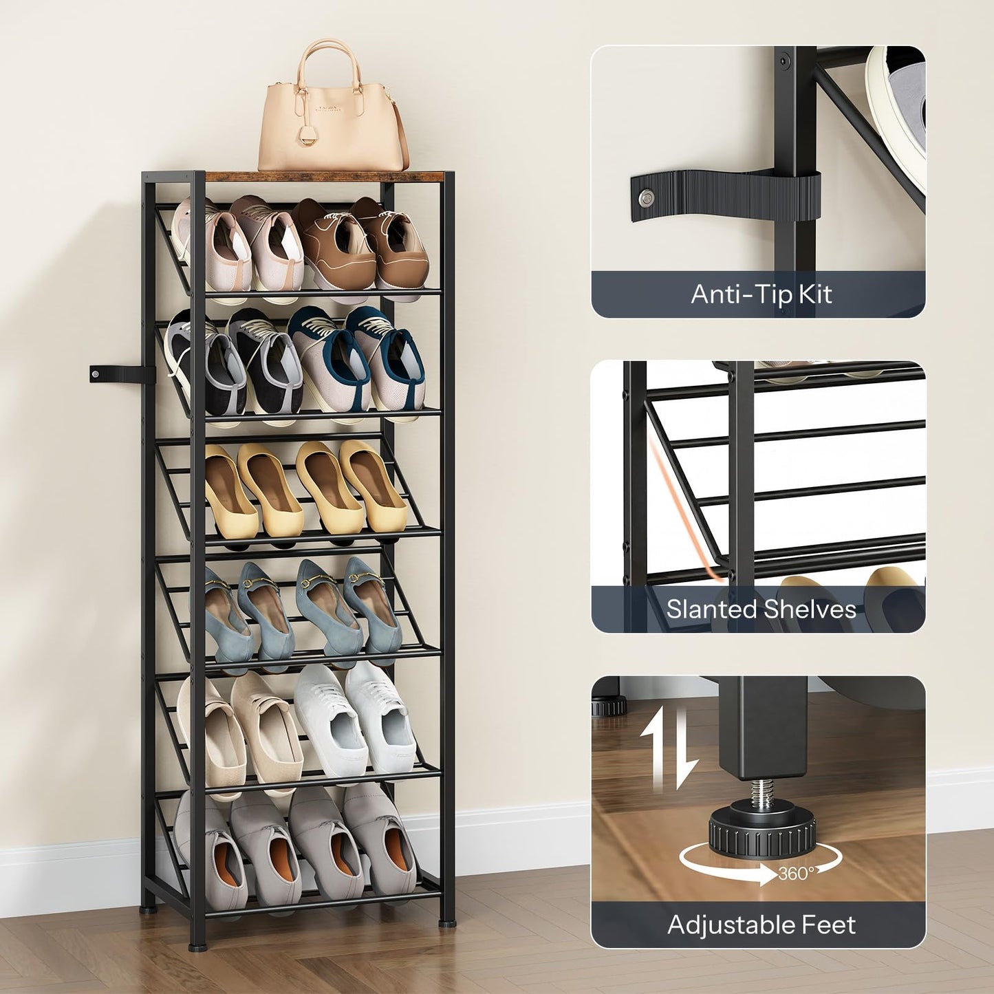 Shoe rack with various shoes on shelves, featuring adjustable feet, anti-tip kit, and slanted shelves.