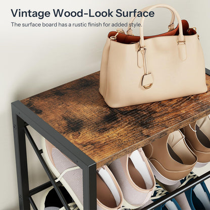 Beige handbag on a wooden surface with shoes below, on a rustic wooden shelf.