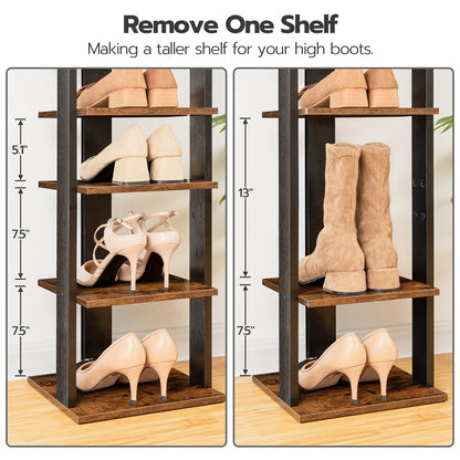 Wooden shoe rack with measurements showing how to make a taller shelf for high boots and shoes.