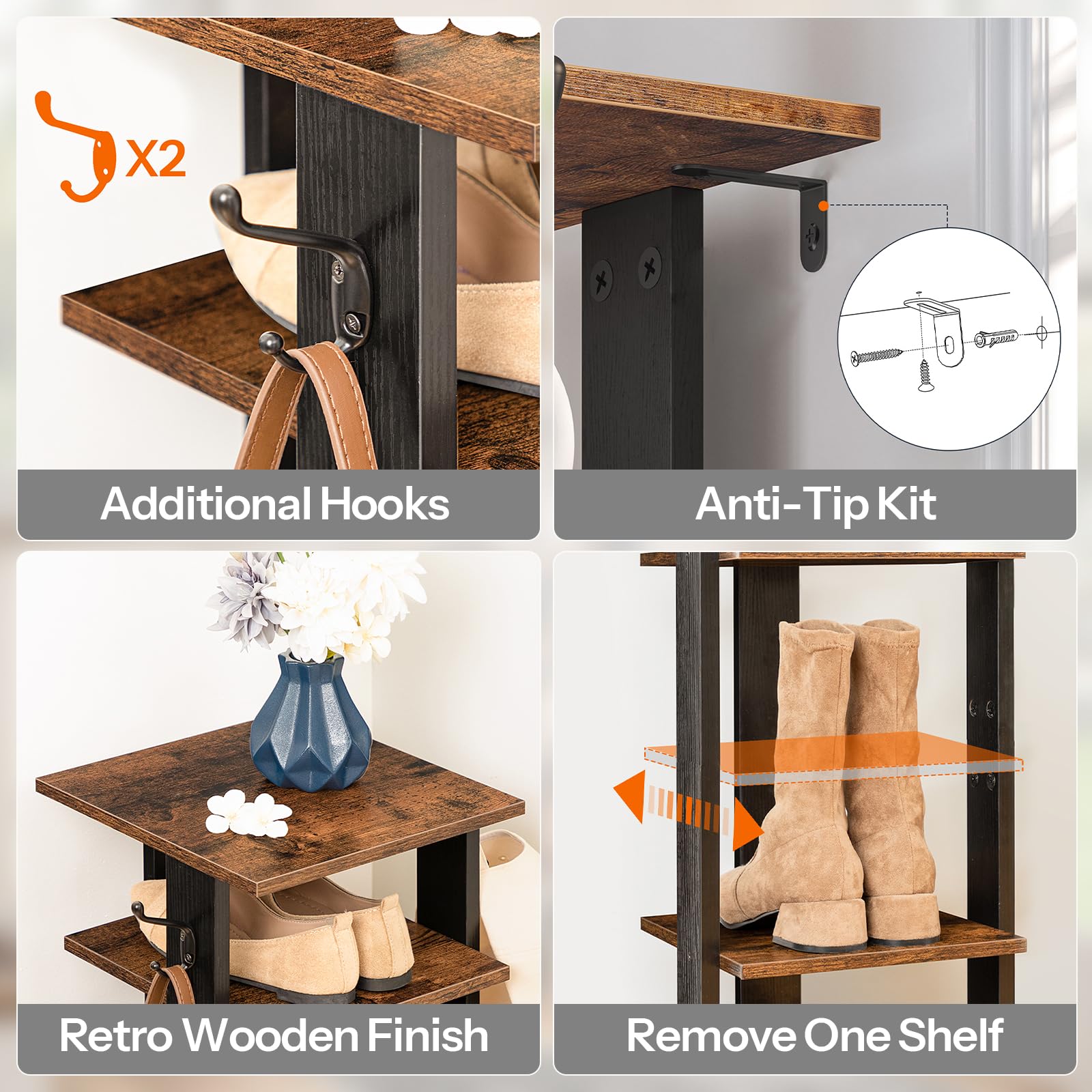 Collage of a wooden shelf with additional hooks, anti-tip kit, retro finish, and boot storage.