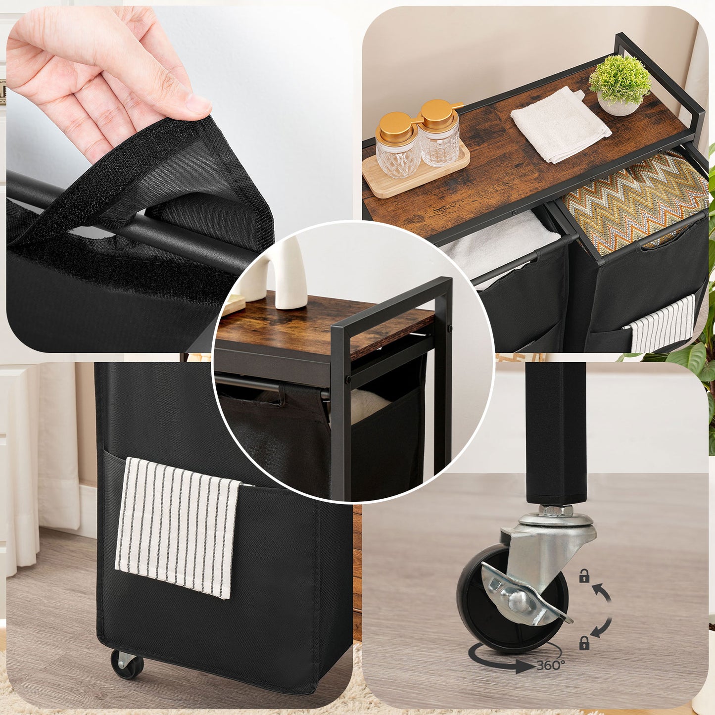 Collage of a black rolling cart with wooden top, wheels, and storage compartments.