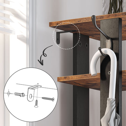 Wooden wall-mounted rack with hooks and shelves, featuring a close-up of brackets and screws.