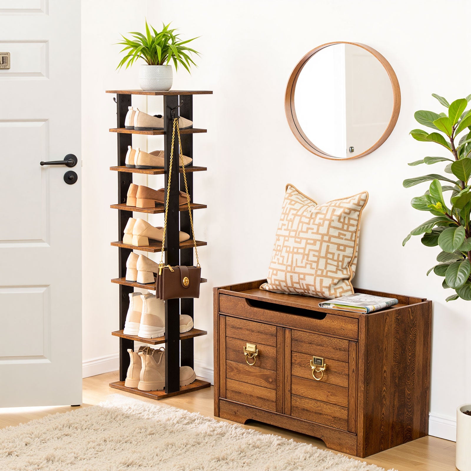 Wooden shoe rack with shoes and a wooden storage bench in a room with plants and a mirror.