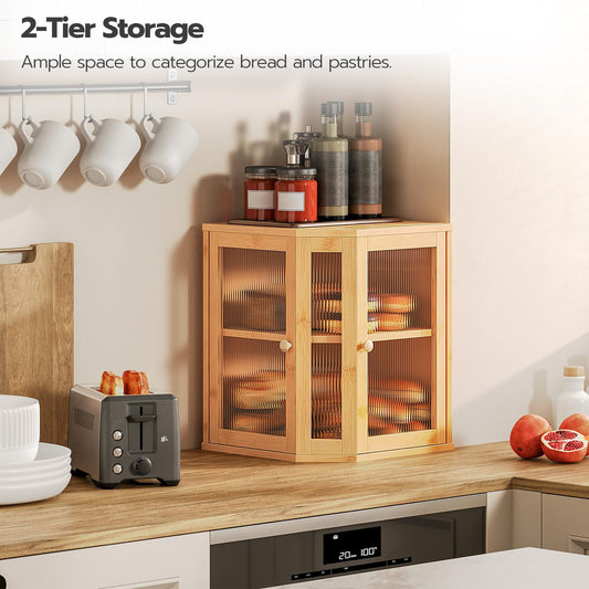 Wooden 2-tier storage cabinet with glass doors in a kitchen setting.