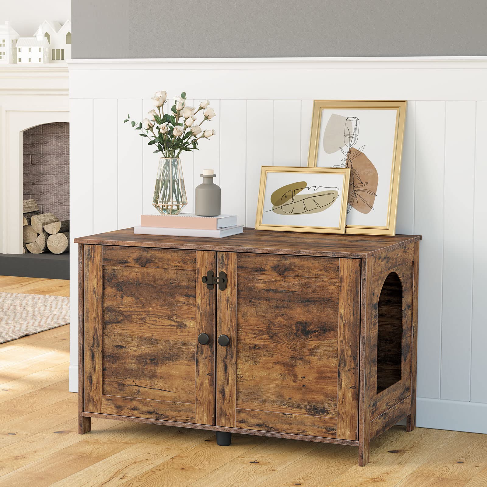 Wooden cabinet with dimensions and weight capacity, accompanied by three pet bowls of different sizes.