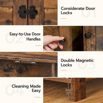 Wooden cabinet with door handles, locks, and cleaning features highlighted.