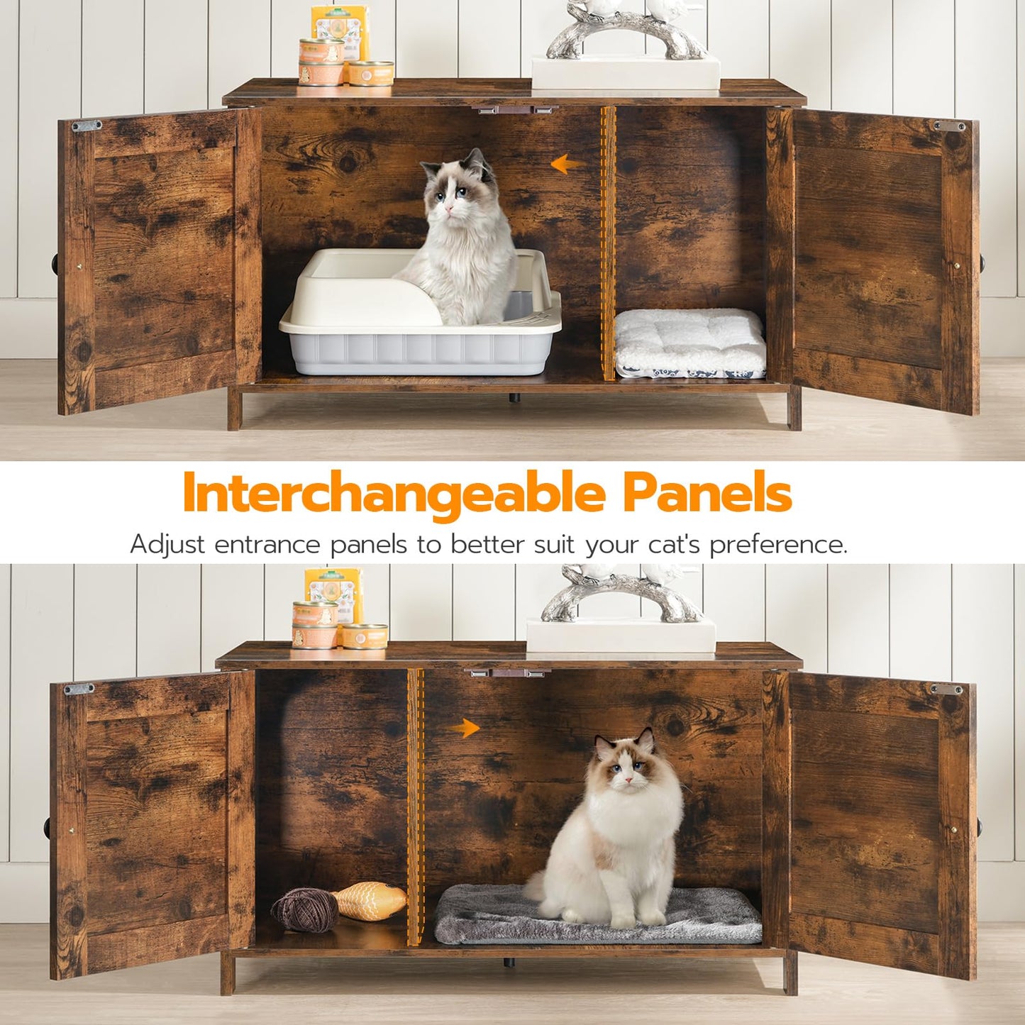 Wooden pet enclosure with interchangeable panels, featuring a cat inside.