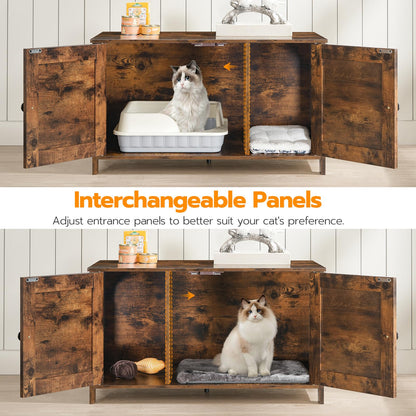 Wooden pet enclosure with interchangeable panels, featuring a cat inside.