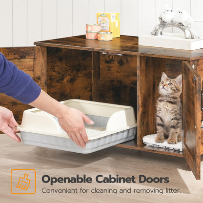 Wooden cabinet with openable doors, cat inside, and person reaching for a litter box.