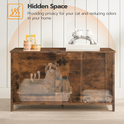 Wooden pet enclosure with a cat inside, labeled 'Hidden Space' for pet privacy.
