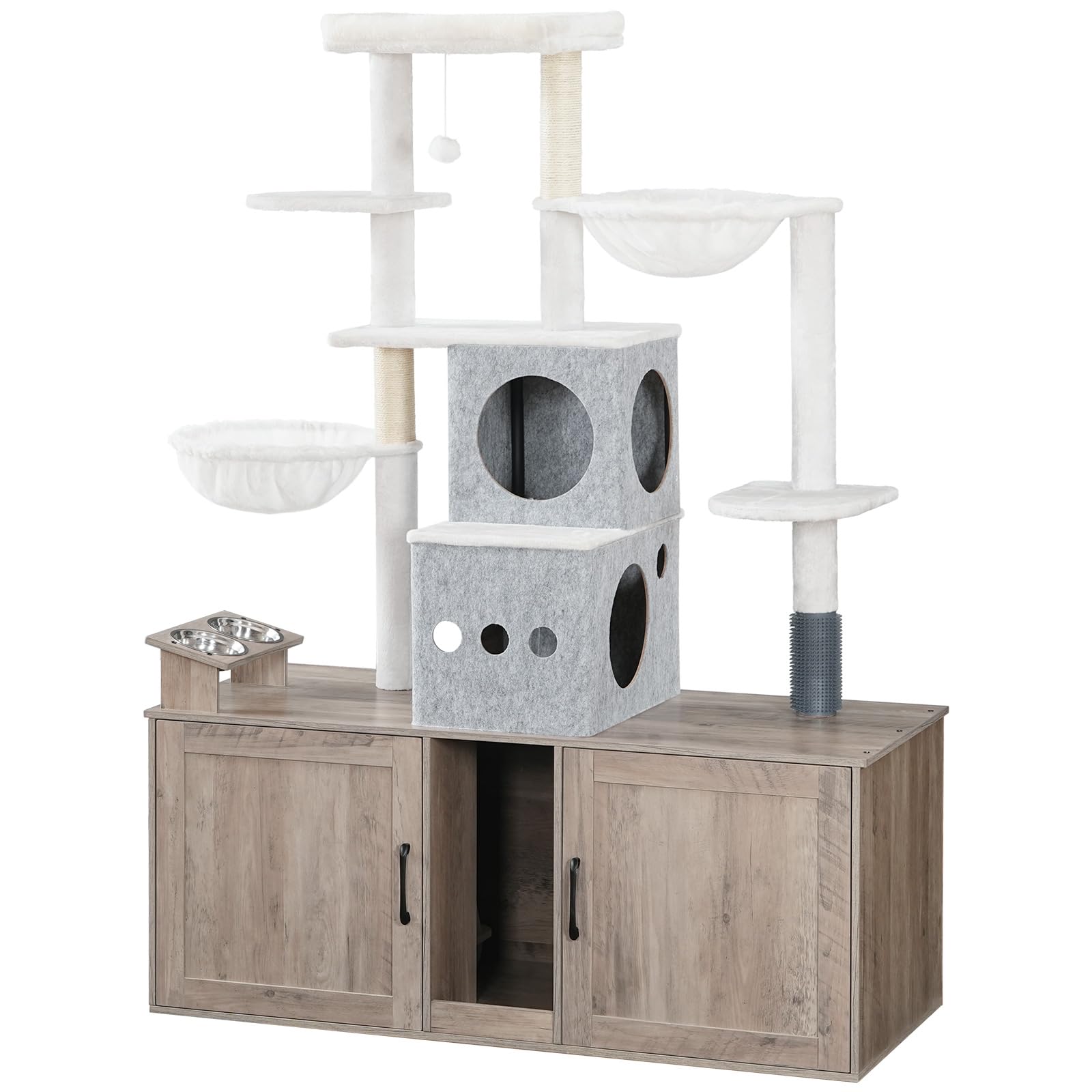 Cat tree with wooden base, shelves, and a gray cat house on a white background