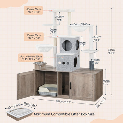 Cat tree with dimensions labeled on a beige background