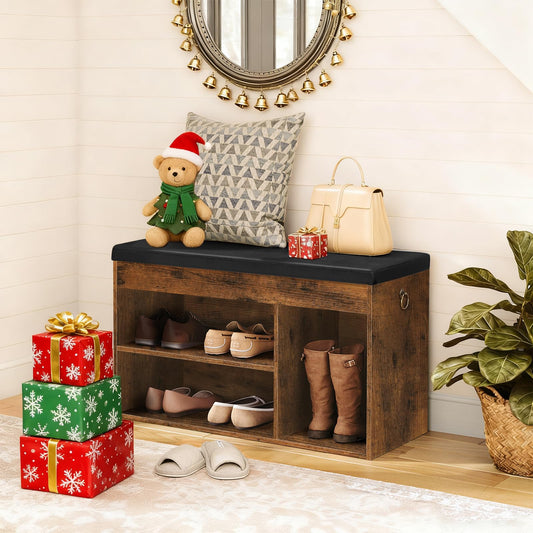 Wooden shoe bench with festive decor including a teddy bear, Christmas presents, and a handbag.