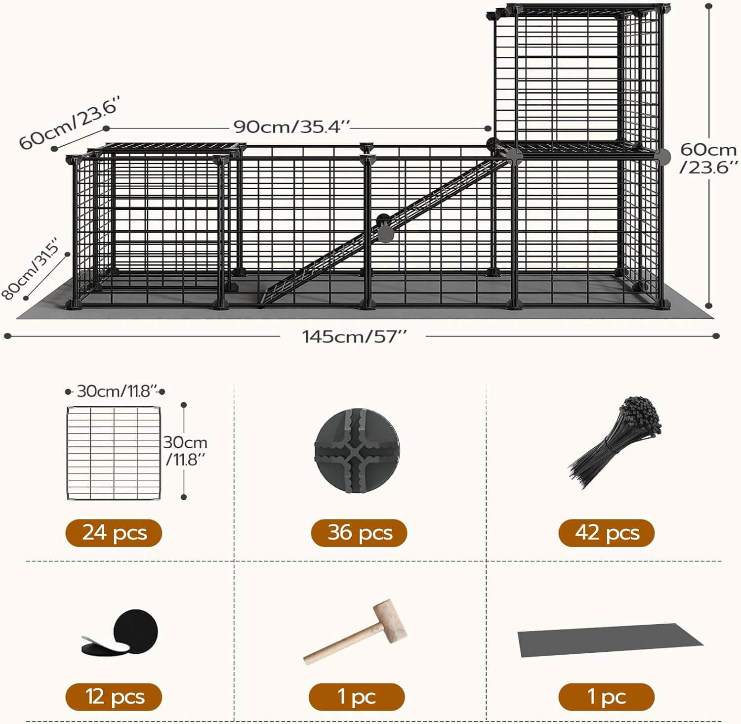 Dimensions and components of a black metal pet cage with measurements and parts listed.